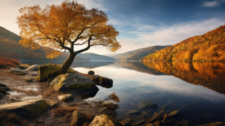 a serene fjord with a tranquil lake, surrounded by vibrant oak trees in full autumn splendor. the calm water's surface reflects the vibrant colors, creating a picturesque scene that captures the beauty of nature during the fall season. shot during golden hour, the image showcases the soft, warm light illuminating the fjord and enhances the overall serenity of the landscape. ai generatedの素材