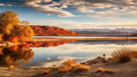a serene lake in the desert, surrounded by locust trees in full autumn splendor, reflects their vibrant colors on the calm water's surface. this tranquil scene captures the beauty of nature during the fall season, with the soft, warm light of golden hour illuminating the desert landscape. ai generatedの素材