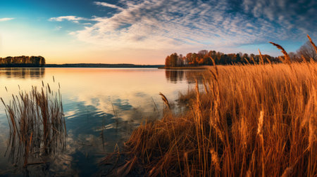 a serene lake in a marsh, surrounded by vibrant autumn-colored walnut trees, reflects their beauty on the calm water's surface. this tranquil scene captures the serenity and appreciation for nature's fall splendor. shot during golden hour, the image showcases the soft, warm light illuminating the marsh, creating a peaceful ambiance. ai generatedの素材