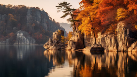 a serene lake surrounded by teak in full autumn splendor, reflecting vibrant colors on the calm water's surface. this tranquil scene evokes serenity and appreciation for the beauty of nature during the fall season. shot during golden hour, the image showcases soft, warm light illuminating the cliff. ai generatedの素材