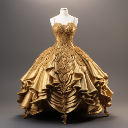 a golden dress with a ruffled skirt and tiers, rendered in unreal engine, combines realism with fantasy elements. the dress features intricate mechanical designs, arabesque patterns, and theatrical flair. gemstone accents add a touch of charm to the overall design, reminiscent of enchanting sketches come to life. ai generatedの素材
