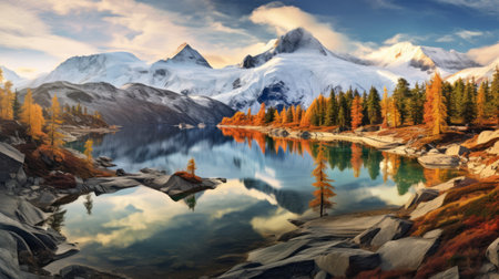 a serene lake surrounded by vibrant autumn-colored pine trees reflects their beauty on the calm water's surface. this tranquil scene captures the serenity and appreciation for nature's fall splendor. shot during golden hour, the image showcases the soft, warm light illuminating the glacier, creating a breathtaking sight. ai generatedの素材