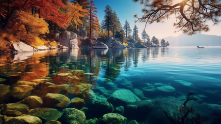 a serene lake surrounded by vibrant autumn-colored sequoia trees reflects their beauty on the calm water's surface. this tranquil scene captures the serenity and appreciation for nature's fall splendor. shot during golden hour, the image showcases the soft, warm light illuminating the reef, creating a captivating and peaceful atmosphere. ai generatedの素材