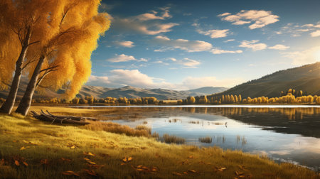 a serene lake in a meadow, surrounded by vibrant autumn-colored poplar trees, reflects their beauty on the calm water's surface. this tranquil scene captures the serenity and appreciation for nature's fall splendor. shot during golden hour, the image showcases the soft, warm light illuminating the meadow, creating a peaceful ambiance. ai generatedの素材