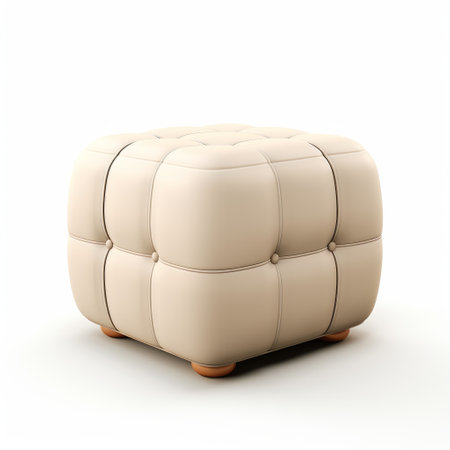 a 3d art file of an ottoman sofa in the style of light beige and white, inspired by the works of fernando botero. this cuboid furniture features texture-rich surfaces, aggressive quilting, and a realistic hyper-detailed rendering. created for use in 3d studio max (3ds max) software, this design captures a naive charm with its intricate details. ai generatedの素材