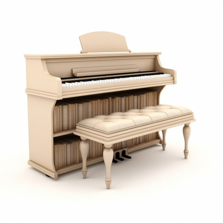 the white piano, accompanied by a bench, showcases a realistic and detailed rendering. the light yellow and light brown hues add depth to the composition against a white background. the artwork features a richly layered and textured appearance, with loose paint application and whiplash lines, creating a captivating cabincore aesthetic. ai generatedの素材
