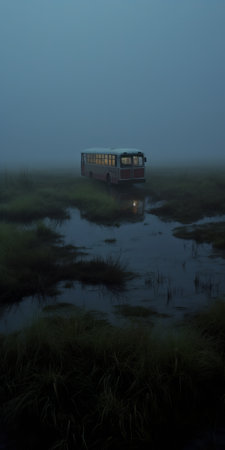 a red and brown bus sits on the muddy ground, evoking a moody neo-noir atmosphere. the photo showcases vray tracing techniques, capturing ethereal nature scenes. influenced by kan school and dutch genre scenes, it combines elements of mysterious nocturnal settings and photobashing. ai generatedの素材