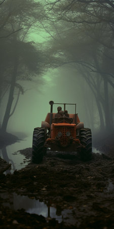 an orange tractor drives along a dirty road in the forest, creating an eerie composition. the photograph showcases detailed portraitures with mist and dark colors. the style of the image is reminiscent of grid-based and sculpture-based photography, with a touch of the unique aesthetic of ferrania p30 film. ai generatedの素材