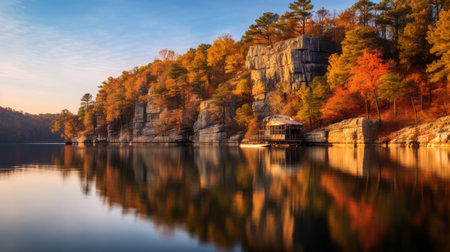 a serene lake surrounded by teak in full autumn splendor, reflecting vibrant colors on the calm water's surface. this tranquil scene evokes serenity and appreciation for the beauty of nature during the fall season. shot during golden hour, the image showcases soft, warm light illuminating the cliff. keywords: cliff, serene lake, teak, autumn splendor, vibrant colors, calm water, serenity, beauty of nature, fall season, goldenの素材