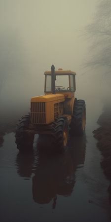 a yellow truck drives through the fog, reminiscent of michal karcz's style and the aesthetics of the farm security administration. this uhd image captures the industrial machinery aesthetics, similar to the works of paul corfield. the dark purple and orange hues create a captivating atmosphere, enhanced by the wet-on-wet blending technique. ai generatedの素材