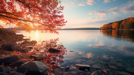 a serene lake surrounded by vibrant autumn cherry trees reflects their colors on the calm water's surface. this tranquil scene evokes serenity and appreciation for nature's fall beauty. shot during golden hour, the image showcases the warm light illuminating the reef. ai generatedの素材