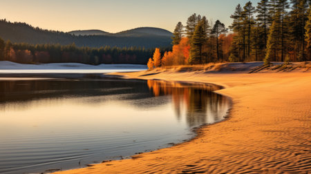 a serene lake surrounded by vibrant autumn-colored fir trees reflects their beauty on the calm water's surface. this tranquil scene captures the serenity and appreciation for nature during the fall season. shot during golden hour, the image showcases the soft, warm light illuminating the dune, creating a captivating and peaceful atmosphere. ai generatedの素材