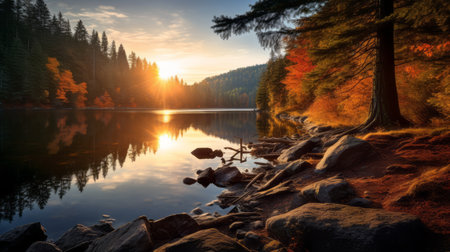 a serene lake in a forest, surrounded by vibrant autumn-colored yew trees, reflects their beauty on the calm water's surface. this tranquil scene captures the serenity and beauty of nature during the fall season. shot during golden hour, the soft, warm light illuminates the forest, enhancing its enchanting atmosphere. ai generatedの素材