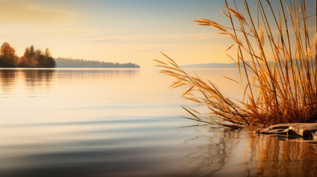 a serene beach with a picturesque lake, surrounded by vibrant autumn-colored bamboo, creates a tranquil and beautiful scene. the calm water reflects the stunning colors, enhancing the sense of serenity. captured during golden hour, the soft, warm light adds a touch of magic to the beach, making it a perfect spot to appreciate the beauty of nature in the fall season. ai generatedの素材