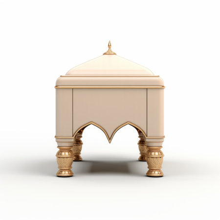 a marble carved box with gold details, showcasing the intricate craftsmanship of islamic art and architecture. this model features a realistic and detailed rendering, with light yellow and light pink hues. the design draws inspiration from primitive structures and incorporates minimalistic forms. the sparse use of color enhances the focus on religious subjects. ai generatedの素材
