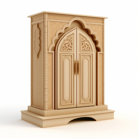 antique door and cabinet with drawers, featuring a 3d model inspired by islamic art and architecture. the light beige color complements the smooth and curved lines of the piece. carved religious icons adorn the door, adding a touch of cultural significance. the richly colored design, reminiscent of a confessional, creates a captivating visual experience. this stunning 3d model is reminiscent of the agfa clack camera.の素材
