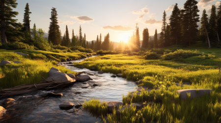 a mountain stream flows gracefully through a lush forest, as sunrays illuminate the scene with a captivating glow. this picturesque landscape showcases the beauty of nature, with its vibrant grasses and serene water. the image captures the essence of light-filled terragen landscapes, evoking a sense of tranquility and harmony. it embodies the rustic charm of cabincore and rural america, while also highlighting the importance ofの素材
