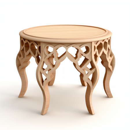 a wooden arab-inspired side table with an ornate frame and shape, reminiscent of cad computer-aided design. the table features naturalistic proportions, infinity nets, and elements of dansaekhwa. its rounded form and intricate arabesque details are beautifully highlighted by the soft, natural lighting. ai generatedの素材