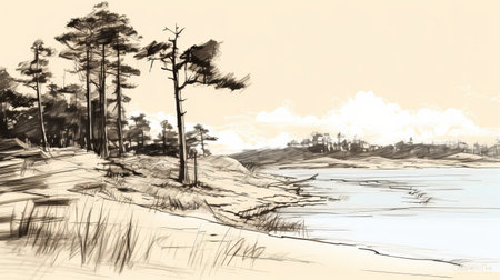a sketch of a man standing on water, surrounded by pine trees in a naturalistic landscape. the coastal scenery adds to the beauty of the sepia-toned artwork. this speedpainting captures the essence of en plein air beach scenes, showcasing a panoramic view of decaying landscapes. ai generatedの素材