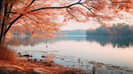 a serene lake surrounded by vibrant dogwood trees in full autumn splendor, reflecting their colors on the calm water's surface. this tranquil scene captures the beauty of nature during the fall season, with a coastline bathed in soft, warm light during golden hour. ai generatedの素材