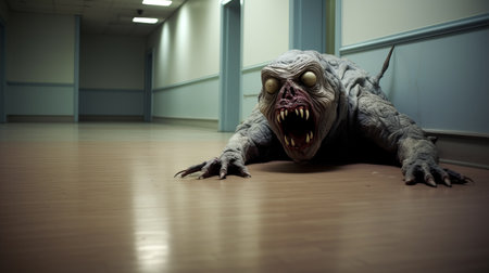 a creature with large red eyes walks down a hallway, showcasing the unique style of smilecore. captured with a wide-angle lens, the image features unconventional poses and a hyperreal aesthetic. the use of medical themes adds an intriguing element to the composition. shot with the tamron sp 70-200mm f/2.8 di vc usd g2 lens, the photo achieves photorealistic accuracy. ai generatedの素材