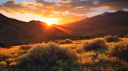 a stunning sunrise over the mountains showcases a breathtaking landscape with a diverse array of plants in the background. the image captures the essence of american romanticism with its light bronze and orange hues. this uhd image, taken by the associated press, features sterling silver highlights that add a touch of elegance. the scene evokes a whistlerian atmosphere, creating a captivating visual experience. ai generatedの素材
