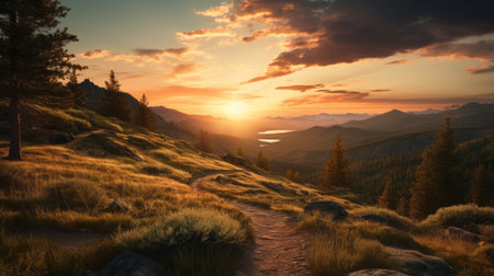 a trail winds through a rocky and grassy hill in the mountains, as the sun rises from the horizon. this stunning photo captures the essence of norwegian nature, reminiscent of the soft-focus technique used by renowned artist evgeny lushpin. the landscape is a beautiful blend of multicolored hues, creating a soft and romantic atmosphere, similar to the works of johannes voss. this high-quality photo showcasesの素材