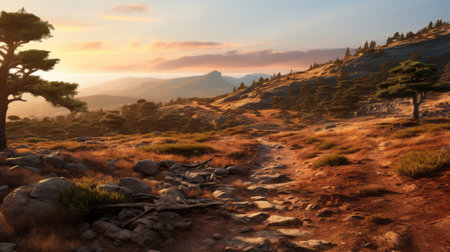 a stunning mountain landscape captured in the style of unreal engine 5, featuring a variety of rocks, trees, and brushstroke fields. the scene is bathed in a warm, light orange and bronze hue, enhanced by a mesmerizing lens flare. the hyper-detailed and realistic renderings showcase intricate hunting scenes, making this image a breathtaking visual masterpiece. ai generatedの素材