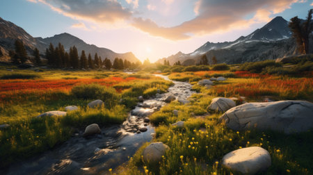 a stunning landscape photo captures a picturesque valley with a river, bathed in the warm hues of the sun. this vray-traced image showcases emotive fields of color, reminiscent of whistlerian art. with its whimsical wilderness and atmospheric ambiance, this 8k resolution shot immerses viewers in a captivating yellow and orange palette. ai generatedの素材