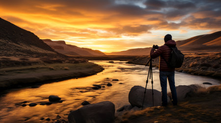 a person in a backpack patiently awaits the sunset over a picturesque mountain stream. this stunning photograph captures the essence of natural beauty, with warm hues of amber and crimson illuminating the scene. taken with an angenieux 45-90mm f2.8 lens, this national geographic photo showcases the captivating scottish landscapes. the use of a thermal camera adds a unique perspective to this photobashed image. ai generatedの素材