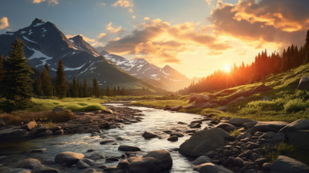 a stunning sunset graces the sky, casting a warm glow over a serene mountain lake and river. this breathtaking scene, reminiscent of terragen's nature-inspired imagery, captures the essence of whistlerian landscapes. with its national geographic-worthy composition, this photo is a masterpiece of concept art, showcasing the beauty of pastoral landscapes and the wonders of nature. ai generatedの素材