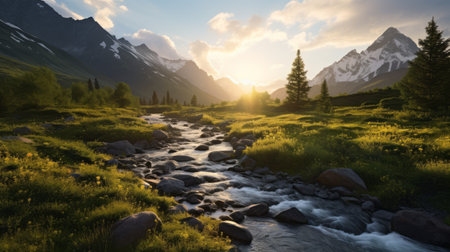 an alpine lake area with a creek and majestic mountains basking in the warm afternoon sun. this stunning photograph captures the essence of rural life, reminiscent of the artistic styles of mike campau, rtx, erik johansson, and george inness. with its backlit composition and ultra-high-definition quality (32k uhd), this image is a true celebration of nature's beauty. ai generatedの素材