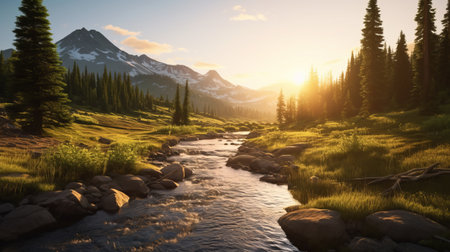 a stunning national geographic photo showcases a mountain stream flowing through a 3d valley, surrounded by majestic mountains and clouds in the sky. the golden light adds a touch of enchantment to this whistlerian scene, rendered beautifully in unreal engine. this rural america-inspired nature installation truly captures the essence of nature's beauty. ai generatedの素材