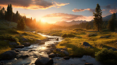 sunset mountain scenery photo wallpaper featuring a breathtaking view captured with the zeiss batis 18mm f2.8 lens. this uhd image showcases the beauty of cryengine technology, creating hyper-realistic water and lens flare effects. immerse yourself in the romantic riverscapes and pastoral scenes depicted in this stunning landscape. ai generatedの素材