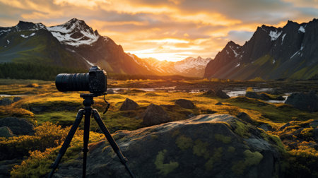 a camera tripod stands beside a rock, capturing the breathtaking sunset over majestic mountains. this stunning photograph showcases the beauty of norwegian nature, with its bold impressionist landscapes reminiscent of national geographic photos. the image is a result of skillful photobashing techniques, using a c-mount lens and a rangefinder lens, creating a captivating photography installation. ai generatedの素材