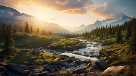 mountains with a river running through, showcasing a breathtaking landscape scene. this stunning photo captures the beauty of nature, reminiscent of the artistic styles of raphael lacoste and ivan shishkin. the image is in uhd quality, bathed in golden light, and exudes the environmentally inspired essence of andrzej sykut's work. ai generatedの素材