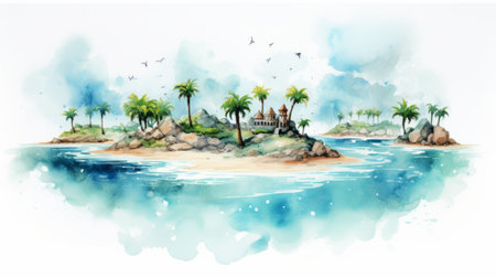 a watercolor illustration of a tropical island with trees and a castle, in the style of realistic seascapes and serene ink paintings. the artwork showcases goa-inspired motifs, with eye-catching colors of light turquoise and dark white. this joyful celebration of nature is captured in a high-resolution image measuring 3840x2160 pixels. ai generatedの素材