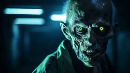 a conceptual portraiture of otherworldly creatures in the style of olympus m.zuiko digital ed 45mm f1.2 pro lens. this hyperreal close-up shot captures the eerie essence of zombies in a night terrors-themed android game. with its 8k 3d visuals, the game immerses players in a world filled with these otherworldly creatures, featuring a color palette of light green and navy. ai generatedの素材