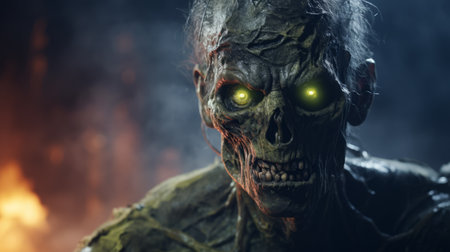 a zombie with intense green eyes lurks behind a group of people at sunset, while a fire blazes in the foreground. this digital artwork, rendered in the style of unreal engine, showcases skull motifs and strong facial expressions. the use of light and shadow creates an intense atmosphere, reminiscent of primordial creatures. created using advanced digital art techniques and powered by intel core. ai generatedの素材