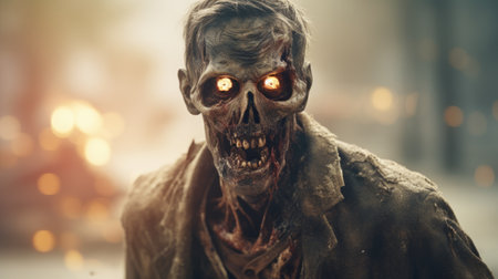 zombie face in the sun video wallpaper featuring a hyper-realistic representation of a zombie in a dark bronze and light amber style. the stylish costume design adds to the captivatingly atmospheric cityscapes. this photo, taken with a nikon d750, showcases the cryptidcore aesthetic with its bone-inspired elements. ai generatedの素材