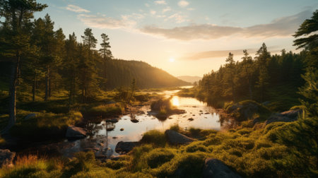 an idyllic mountain landscape at sunset, reminiscent of tyko sallinen's romantic riverscapes. captured with the zeiss batis 18mm f2.8 lens, this photograph beautifully portrays delicately rendered landscapes and atmospheric woodland imagery. the coastal scenery adds to the environmentally inspired theme of the image. ai generatedの素材
