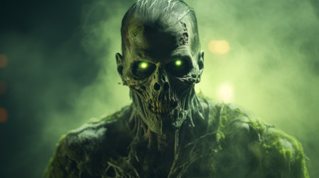 the rotten avenger, a zombie horror game, showcases a dark and eerie environment rendered in cinema4d. the portrait features a combination of dark green and light green tones, with lens flares adding a haunting touch. the skeletal figures are meticulously detailed and realistic, a testament to the skill of artist marcin sobas. ai generatedの素材