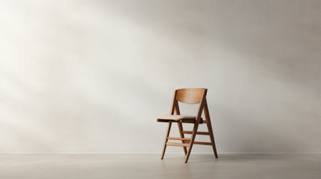 empty wooden chair in the corner of a room, captured in the minimalist style of akihiko yoshida. the photo was taken with the tamron 24mm f/2.8 di iii osd m12 lens, resulting in a realistic rendering. the minimalist background and use of earth tones add to the overall aesthetic, reminiscent of the works of robert irwin. ai generatedの素材