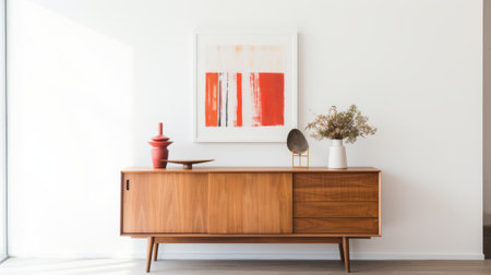the wooden sideboard, in the style of light red and amber abstract minimalism, is positioned next to a wall adorned with a painting. this midcentury modern piece showcases traditional craftsmanship and its calm and serene beauty is enhanced by the quirky pottery displayed on top. captured in stunning 8k resolution, it is a true appreciation of art and design. ai generatedの素材
