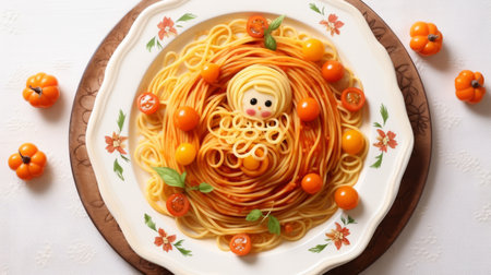 a photo of a unique yokai-inspired illustration featuring spaghetti with a face made of tomatoes and carrots. the image showcases a light amber color palette and is reminiscent of classical motifs and themes. this tondo-shaped photo captures the essence of "mommys on-the-phonecore" and "babycore" aesthetics, reminiscent of national geographic photography. ai generatedの素材