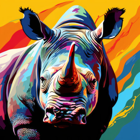 a vibrant painting of a rhino with a bold chromaticity and a colorful background, reminiscent of psychological phenomena illustrations. created in the distinctive style of joram roukes, this artwork showcases unmodulated colors and a strong facial expression, making it a captivating and visually striking illustration. ai generatedの素材