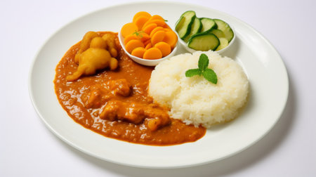 a plate of rice, vegetables, and meat is beautifully captured in this photo. the light beige and orange color scheme, along with the solarization effect, adds a unique touch. taken with a nikon pc-e micro nikkor 85mm f/2.8d lens, the image showcases a kawaii charm reminiscent of john currin's artwork. the monochromatic color schemes and dau al set influence make this photo truly captivating. aiの素材