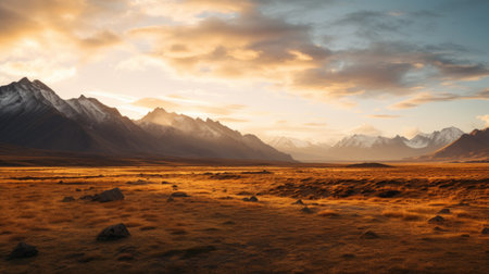large mountains rise majestically against a clear blue sky, their peaks bathed in the warm hues of dark gold and light amber. this serene pastoral scene, captured in 8k resolution by the talented photographer john wilhelm, showcases the artistic vision of scarlett hooft graafland. the richly colored skies, adorned with shades of light gold and orange, add a captivating touch to this breathtaking landscape. aiの素材