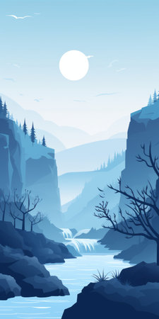 a hauntingly beautiful illustration of a landscape featuring rocky mountains and a river in the background. the image is rendered in light blue and indigo tones, with a flattened perspective and soft gradients. the atmosphere is reminiscent of frostpunk, with atmospheric woodland imagery and limited shading. ai generatedの素材