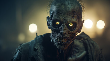 a zombie, dressed in a costume, gazes intensely with its vibrant opal eyes. this captivating image, reminiscent of marcin sobas' style and rendered in unreal engine, features lens flare and skull motifs. with a dark atmosphere akin to a national geographic photo, this haunting scene was captured using a canon 50mm f095 lens. ai generatedの素材